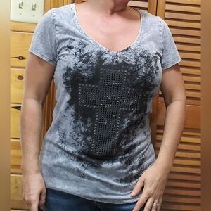 Daytrip Rhinestone Embellished Cross Distressed Grey V Neck T Shirt